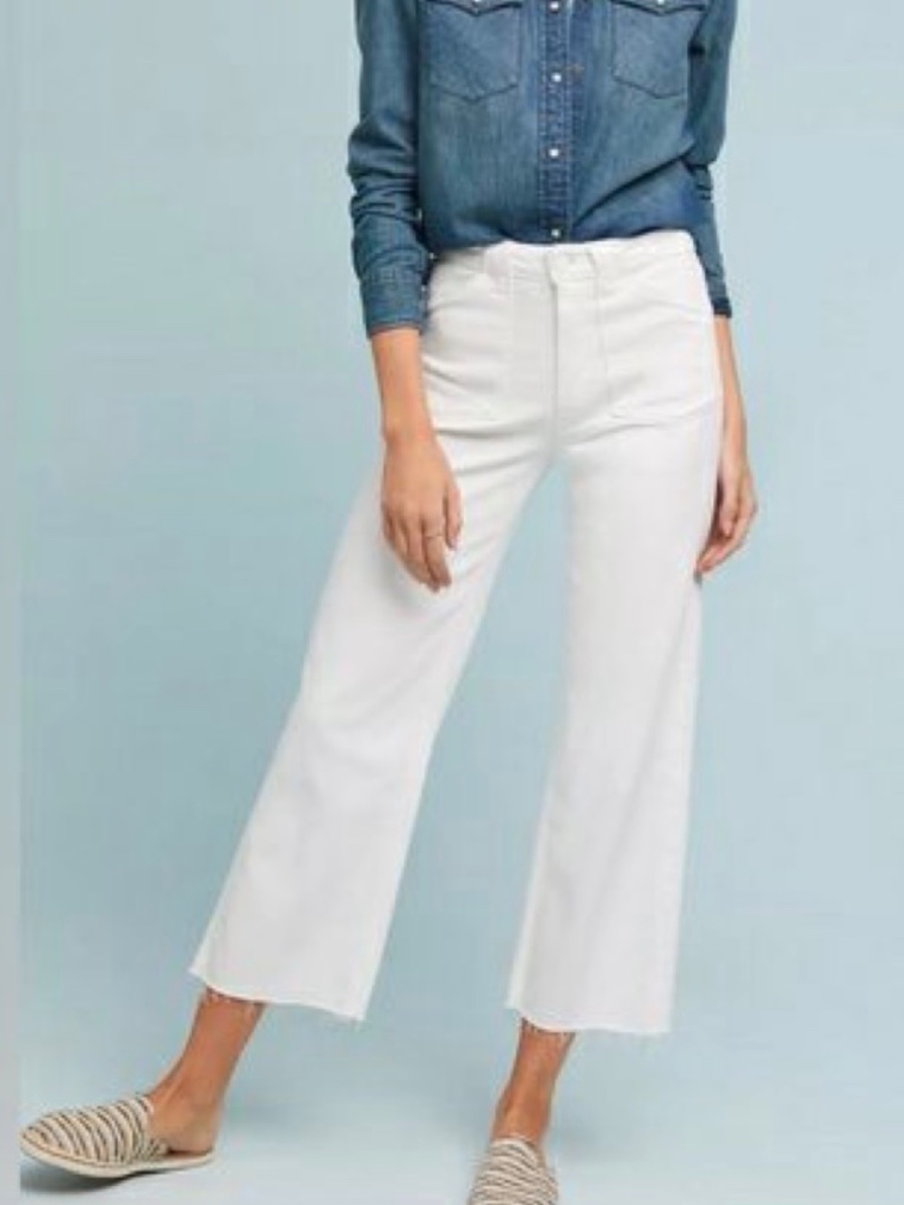 Paige Nellie MidRise Culotte Jeans White Frayed Hem SZ 27